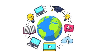 International Education Day illustration with globe surrounded by digital learning icons, books, laptop, graduation cap, and ideas, isolated on white background.