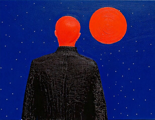 Figure with vivid red hair wearing stylish coat