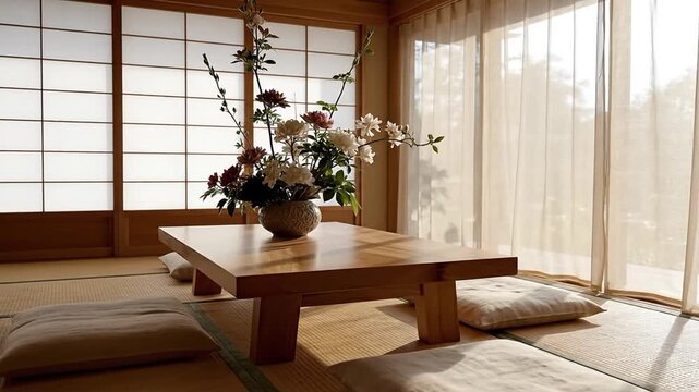 Traditional Japanese Interior with Large Floral Arrangement Light Wood Table and Zabuton Cushions on Tatami Floor Peaceful Home Setting