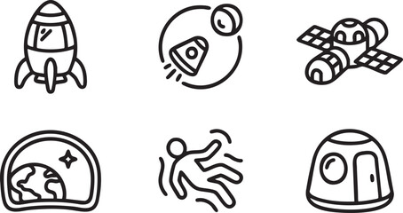 Fototapeta premium Collection of six black outline depicting space exploration and travel rocket satellite astronaut