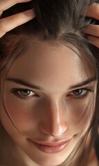 Obraz premium Extreme close-up beauty portrait of a young woman with natural skin texture and freckles looking directly at the camera while running her fingers through her dark hair for skincare and hair health