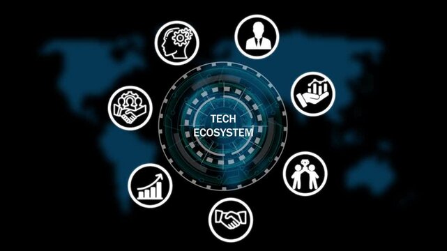 tech ecosystem Return on investment financial growth concept. Business, Technology, Internet and network concept ,Abstract technology symbols on a blue background.