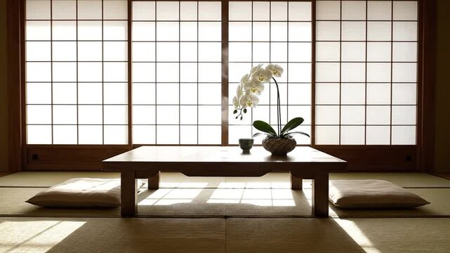 Japanese Zen Room Interior Design Tatami Floor Shoji Screen Sunlight Minimalist Aesthetic Elegant Orchid Display Low Wooden Table Tea Ceremony Setup