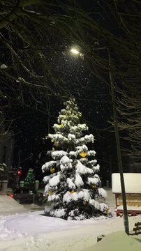 Evening street in winter. It is snowing
A mesmerizing shot of heavy thick snowflakes falling fast at night. The snow is brightly illuminated by the sharp, concentrated light 