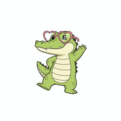 Obraz premium Cute Cartoon Alligator Wearing Heart Sunglasses, Winking and Waving Hello, Vector Illustration