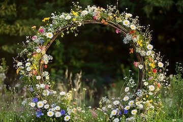 A charming circular wedding arch with a mix of daisies and colorful wildflowers, embodying a fun, rustic vibe,