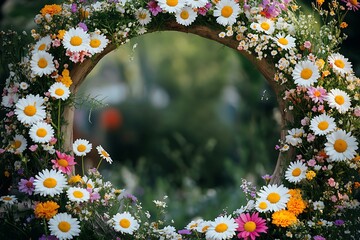 A charming circular wedding arch with a mix of daisies and colorful wildflowers, embodying a fun, rustic vibe,
