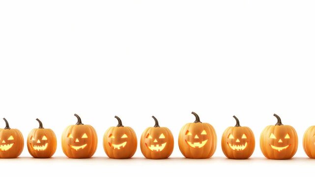 Eight carved pumpkins with various face expressions in row over white background