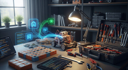 Robotics engineer workspace with tools and laptop for coding