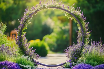 A charming circular wedding arch featuring lavender and herbs, giving an aromatic touch to the ceremony,