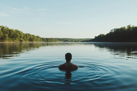 Man enjoys swimming in calm water facing a forested shoreline during early morning hours