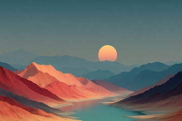 A minimalist fantasy landscape with multi-layered mountain ranges and a tranquil river receding into the distance.  