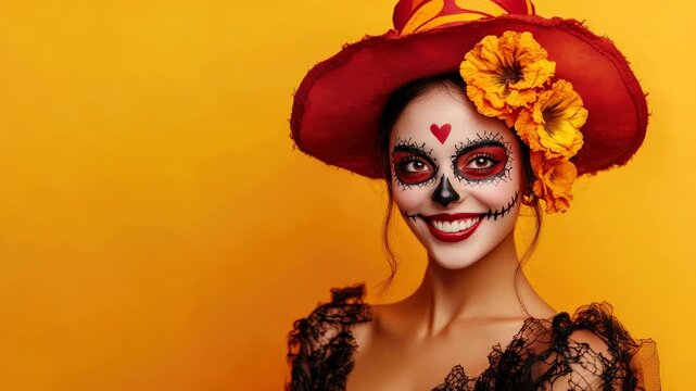 Woman in costume face paint, red hat with flowers, smiling against orange background