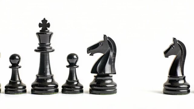 Chess pieces on white background, showcasing contrast between black and