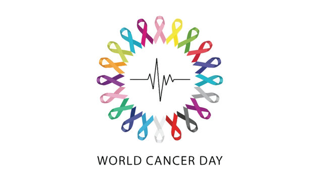 Colorful ribbons forming a circle around a heartbeat symbol for world cancer day awareness campaign illustration