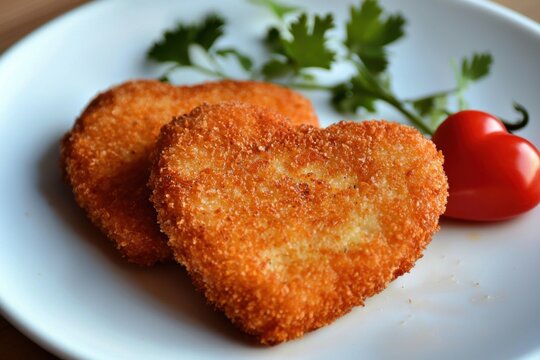 Crispy heart-shaped snacks served on a white plate with cilantro and a tomato. Valentine's Day celebration
