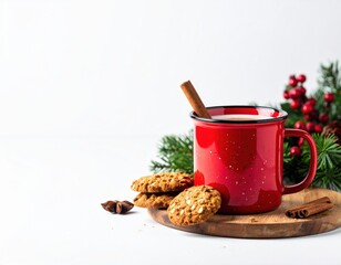 Cozy red enamel mug of hot chocolate with cinnamon stick and oatmeal cookies on a wooden board with festive pine branches and red berries on white background