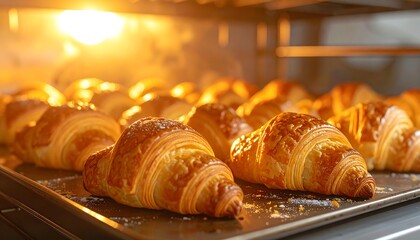 Croissants baking in oven, golden brown pastries on tray, illuminated by oven light