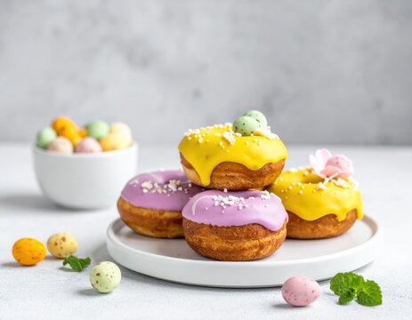 Vibrant yellow and purple glazed cronuts with decorative sprinkles and candy are arranged on a white plate, celebrating Easter and the arrival of spring