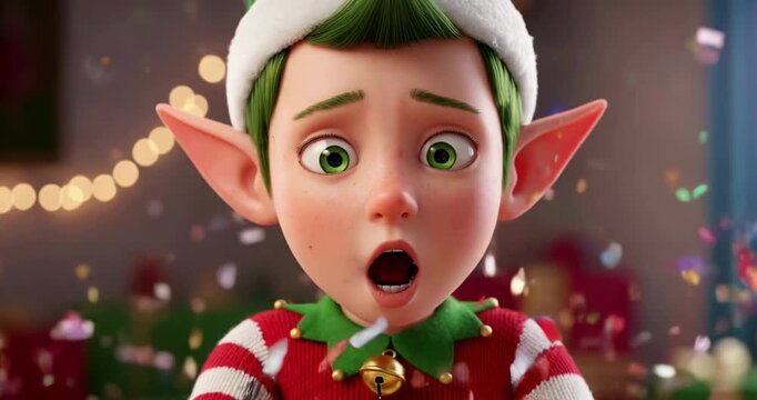 Young cartoon elf surprised with festive background during Christmas  