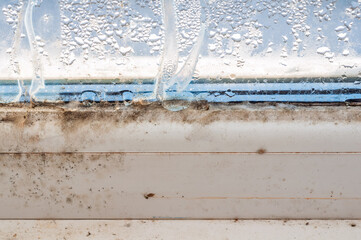 Close-up of mold and condensation on a dirty window frame, indicating poor ventilation