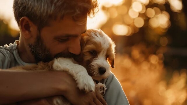 Man affectionately cuddling small puppy, warm outdoor lighting