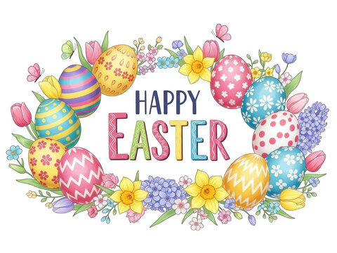 Happy easter eggs with flowers isolated on transparent background