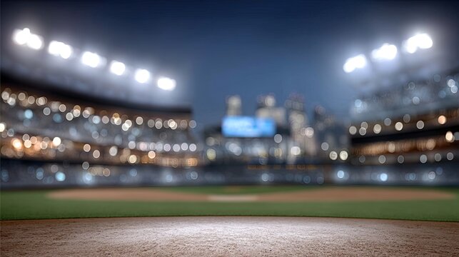Crowd cheers fills a blurred baseball stadium at sunset with lights shining in a vibrant evening atmosphere during the game