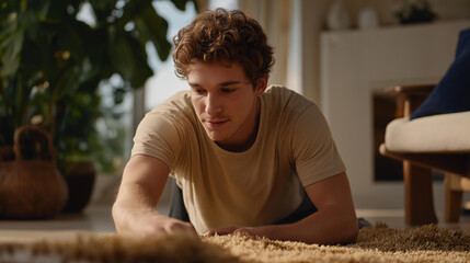 Person cleaning carpet as part of spring cleaning routine, deliberate actions emphasizing organization, hygiene, and refreshed home environment. cinematic color correction, natural uneven lighting