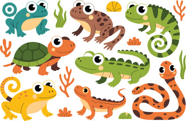 Obraz premium Cute Reptiles and Amphibians Outline Icon Set Frog, Turtle, Crocodile, and More