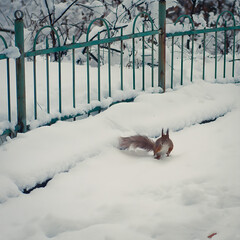 A curious squirrel ventures out into the deep snow near a green fence during winter