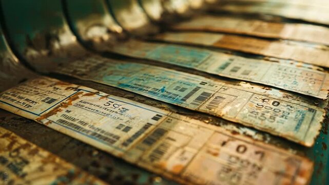 Old, weathered train tickets scattered and overlapping on surface, with vintage tone