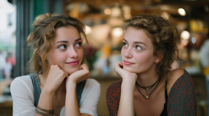 Two friends engaged in a friendly debate over a complex puzzle, sitting at a cozy café table, their expressions a mix of concentration and amusement as they attempt to solve the challenge together.