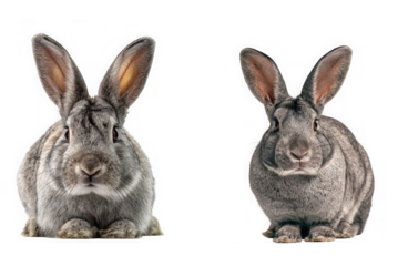 Two adorable gray rabbits sitting side by side on transparent background high quality professional detailed modern