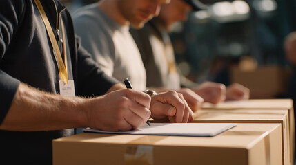 Staff preparing goods for delivery at a warehouse, people verifying quantities and documentation highlighting quality control, accuracy, and operational readiness. cinematic color correction,