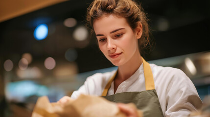 Waitress preparing take away food to bag for delivery and pickup orders, checking items and sealing packaging, representing takeaway culture, restaurant efficiency, and service quality. cinematic