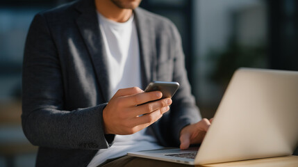 A focused engineer holds a small prototype device in one hand while using a laptop to analyze data and user feedback, creating the next generation of technology in a clean workspace. cinematic