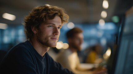 Obraz premium Modern coworking space with people working together, open workspace, shared office, diverse professionals, startup culture, creative teamwork, business collaboration, flexible workspace and remote