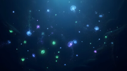 Obraz premium Ethereal Glowing Jellyfish in Dark Ocean Depths