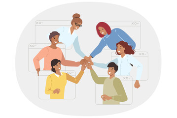 Online community of men and women holding hands, looking out of web windows and joining forces for synergy. Online community of students demonstrating teamwork through internet applications