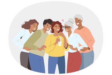 Group psychological help and support from family or friends for crying woman. Psychological support is provided by young and old people who want to save unfortunate girl from stress