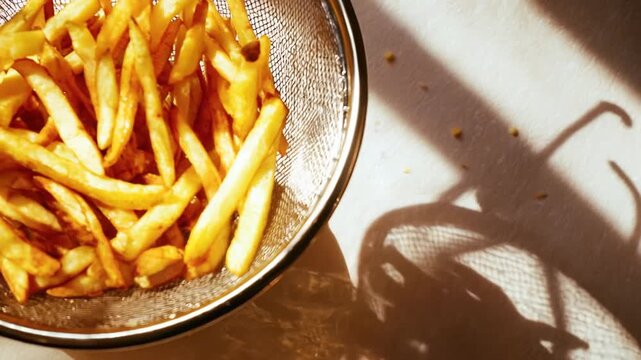 A close-up shot of golden, crispy fries in a wire mesh strainer with soft sunlight shadows