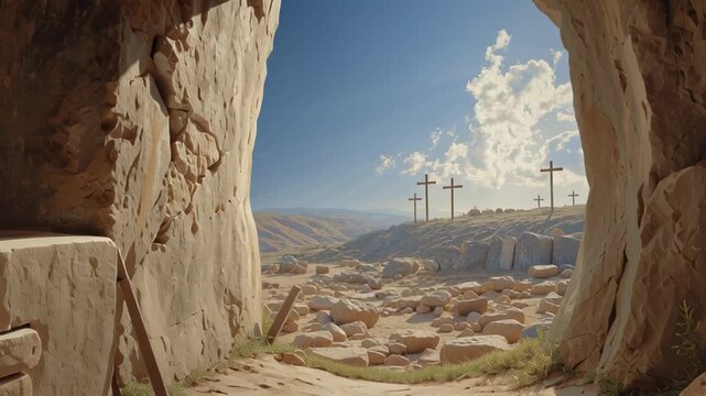 Jesus rises from the tomb and fulfills the promise of new life in a cave setting with light shining through