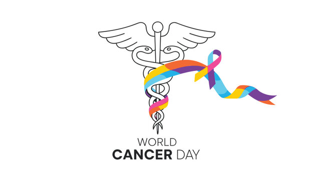 World cancer day illustration with rod of asclepius and colorful ribbon symbolizing hope and awareness for cancer research and support