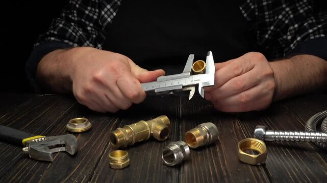 A plumber holds a caliper and measures brass fittings on a wooden table. Various plumbing parts are scattered around. The scene takes place in a workshop during the day.