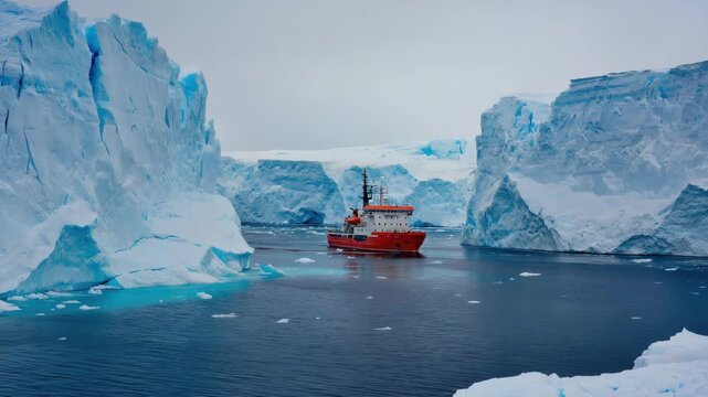 Research vessel navigating through icy waters amidst towering glaciers
