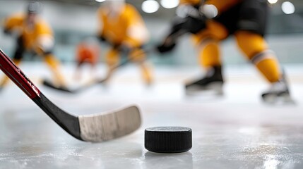 Hockey player takes a shot at the puck aiming towards the goal with teammates and opponents in the background on the ice rink
