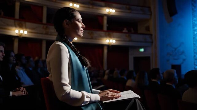 Woman reading notebook in theater. She studies program and jots note during performance. Surrounding audience sits in auditorium. Expression shows concentration. Warm lighting creates quiet mood.