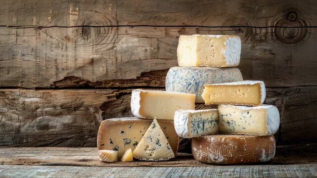 Various types of cheese stacked against rustic wooden background