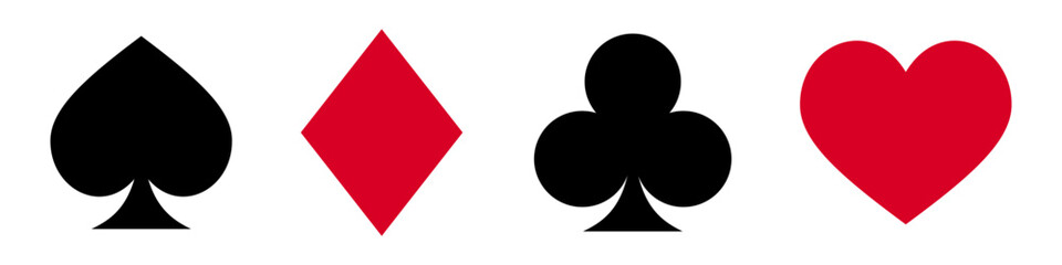 Cards suit icon set. Heart, spade, diamond and club shapes, poker and casino symbols